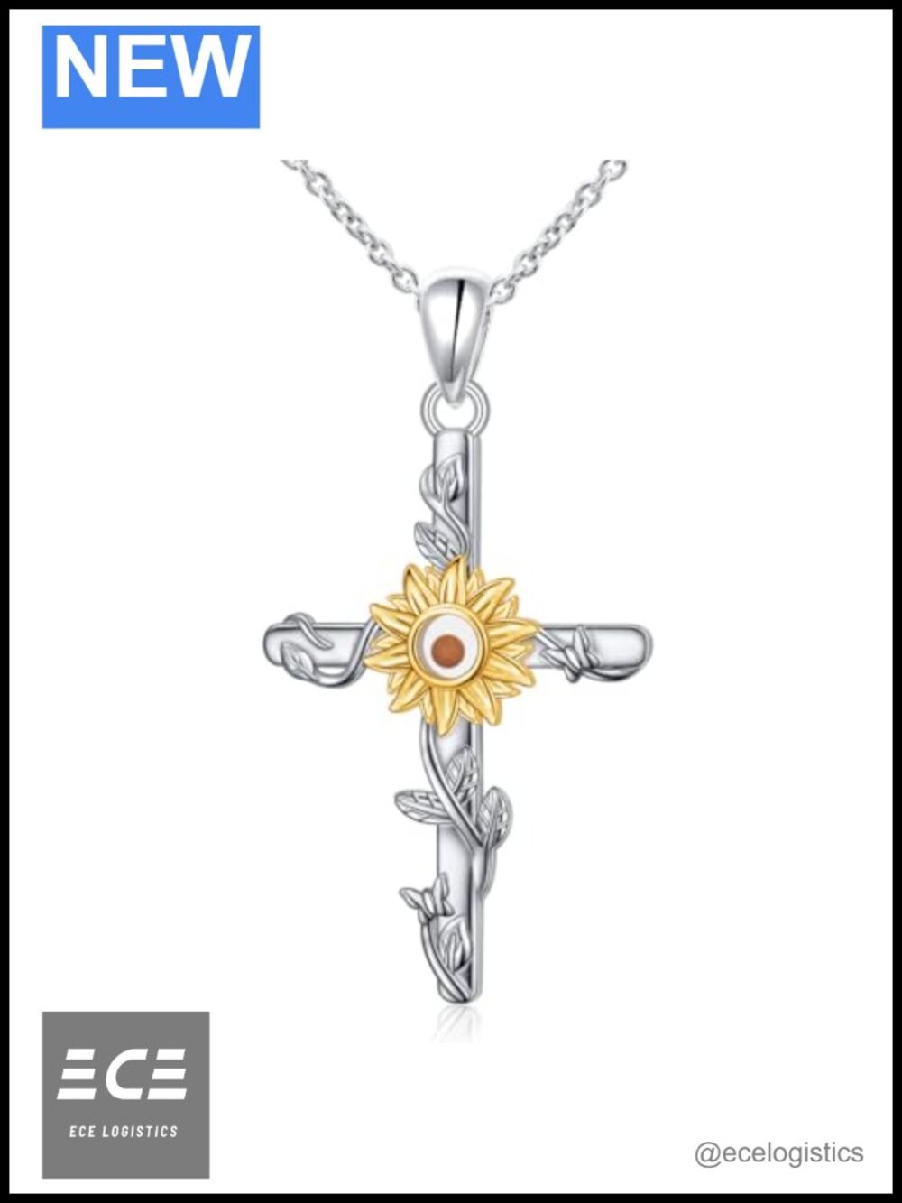 S925 Sterling Silver Sunflower Mustard Seed Cross Pendant Necklace